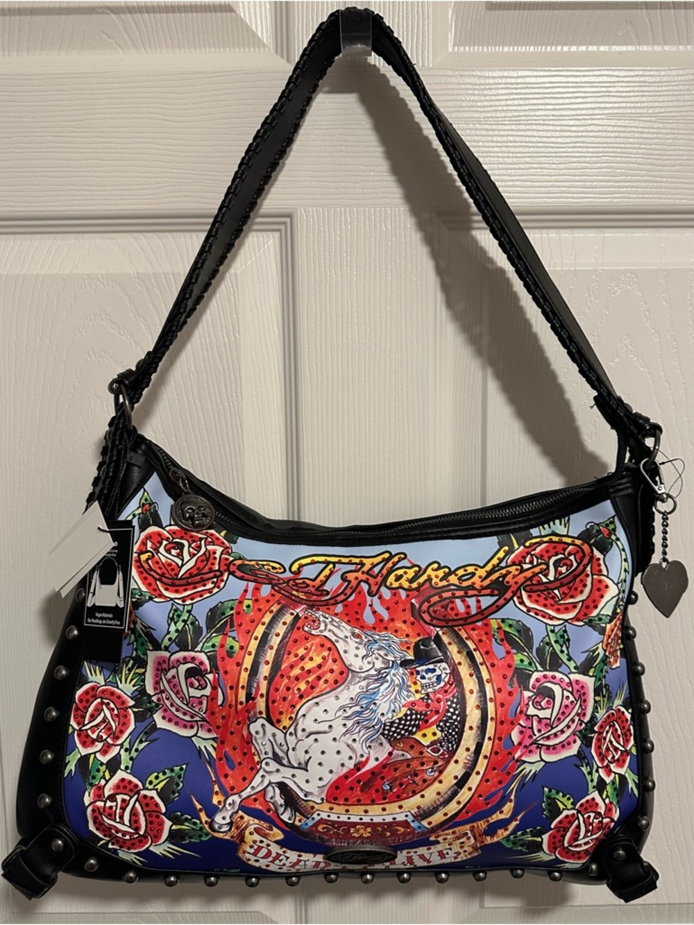 Ed Hardy Bag Hobo Bag Dead Or Alive Rhinestone Horse Skeleton Flowers Tattoo New